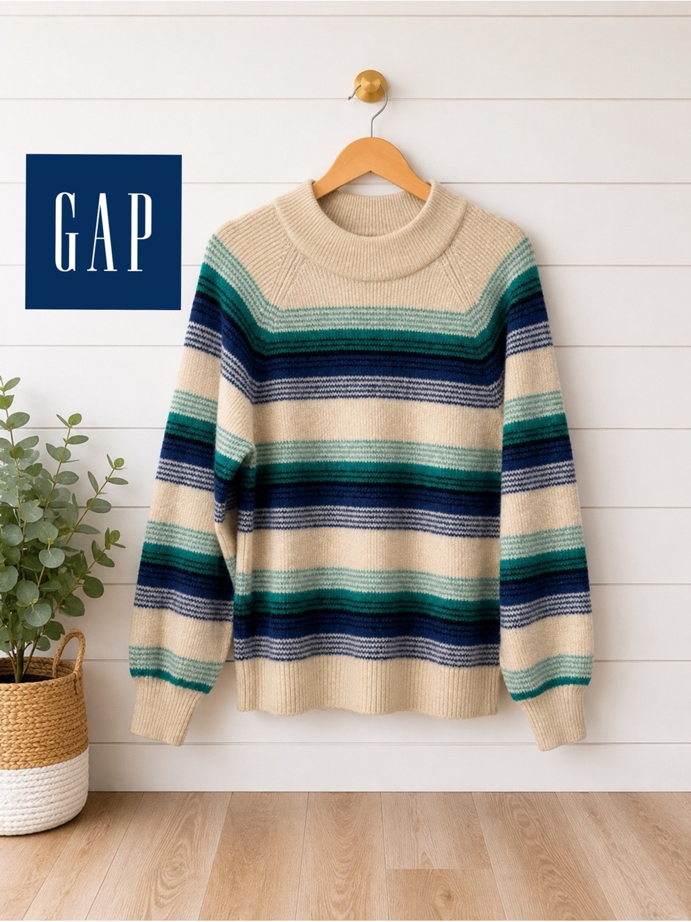 💚💙GAP Striped Knit Sweater | Cream Blue Green Cozy Pullover | Size Medium